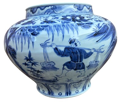 Lot 158 - CHINESE BLUE AND WHITE CERAMIC DRAGON JAR 青花人物故事罐