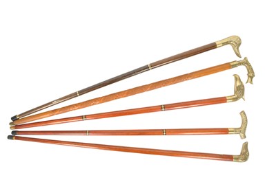 Lot 346 - COLLECTION OF FIVE VINTAGE 20TH CENTURY BRASS WALKING STICKS / CANES STAFFS