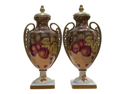 Lot 456 - ROYAL WORCESTER MANNER - PAIR OF STILL LIFE STUDY OF FRUIT VASE / URNS