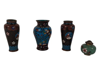 Lot 392 - THREE JAPANESE MEIJI CLOISONNE VASES & CHINESE CENSOR