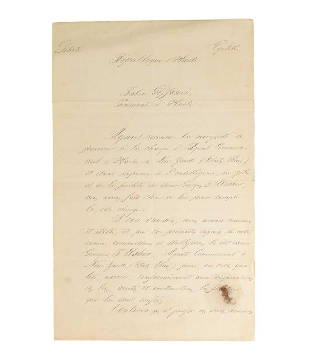Lot 91 - HISTORY - FABRE GEFFRARD - PRESIDENT OF HAITI 1859-1867