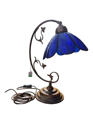 Lot 713 - TIFFANY MANNER BLUE LEADED GLASS TABLE LAMP