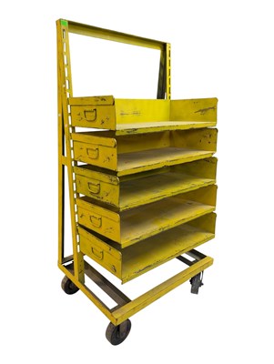 Lot 625 - 20TH CENTURY YELLOW PAINTED INDUSTRIAL STORAGE