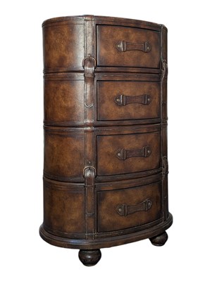 Lot 9 - ART DECO STYLE LIBERTY OF LONDON INSPIRED BROWN LEATHER OVAL CHEST OF DRAWERS