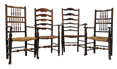 Lot 324 - FOUR NORTH COUNTRY 19TH CENTURY OAK & RUSH SEAT CLISSET HIGH BACK CHAIRS
