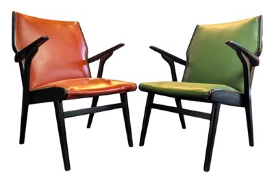 Lot 42 - PAIR OF MID CENTURY EBONISED TWO-TONE ARMCHAIRS