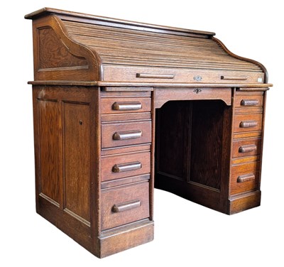 Lot 754 - EARLY 20TH CENTURY OAK WOOD TAMBOUR ROLL FRONT DESK