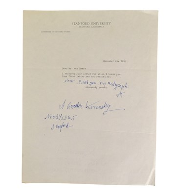 Lot 161 - SOVIET UNION - ALEXANDER KERENSKY (D.1970) - AUTOGRAPHED LETTER