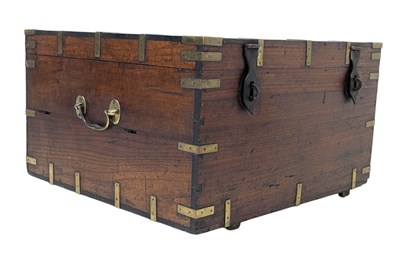 Lot 477 - 19TH CENTURY OAK & ELM WOOD BRASS BOUND CAMPAIGN STYLE TRUNK CHEST