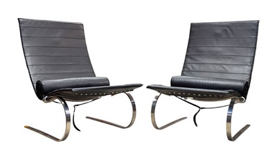 Lot 230 - AFTER POUL KJAERHOLM - PK20 - PAIR OF BLACK LEATHER LOUNGE CHAIRS