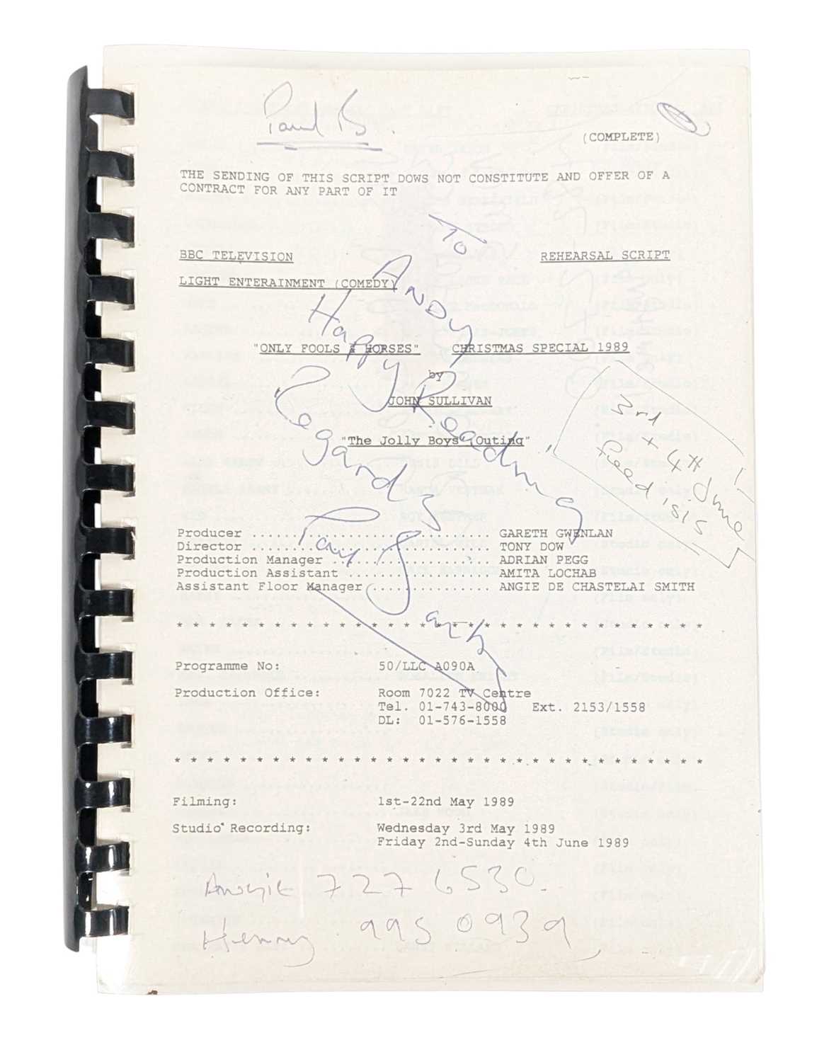 Lot 300 - ONLY FOOLS & HORSES - THE JOLLY BOYS' OUTING - PAUL BARBER'S SCRIPT