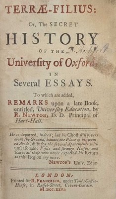 Lot 73 - AMHURST, NICHOLAS - 1726 TERRAE-FILIUS: OR, THE SECRET HISTORY OF THE UNIVERSITY OF OXFORD