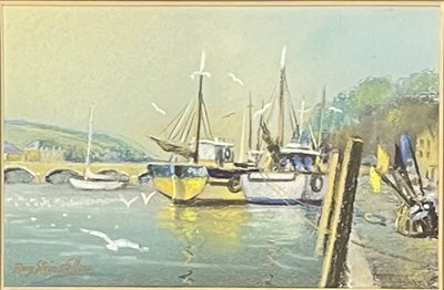 Lot 57 - ROY STRINGFELLOW (1921-2008) - FISHING BOATS, LOOE - PASTEL ON PAPER
