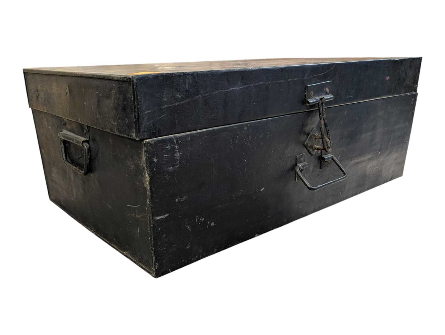 Lot 845 - VINTAGE MID CENTURY EBONISED METAL TRUNK
