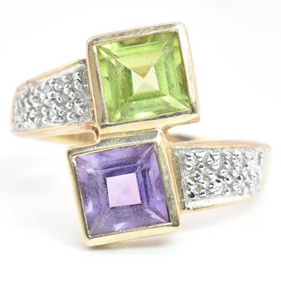 Lot 48 - HALLMARKED 9CT GOLD PERIDOT & AMETHYST & DIAMOND CROSSOVER RING