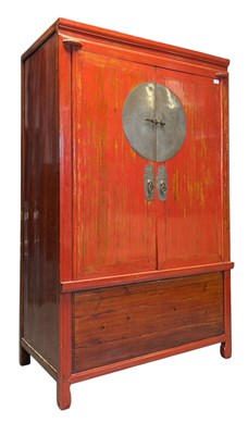 Lot 364 - CHINESE RED ELM WOOD LACQUERED WEDDING CUPBOARD ARMOIRE
