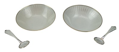 Lot 44 - PAIR OF NORWEGIAN 925 STERLING SILVER & GUILLOCHE ENAMEL DISH & SPOONS
