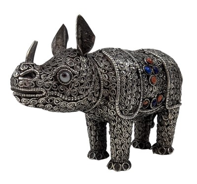 Lot 109 - INDIAN SILVER FILIGREE FIGURE OF A RHINO