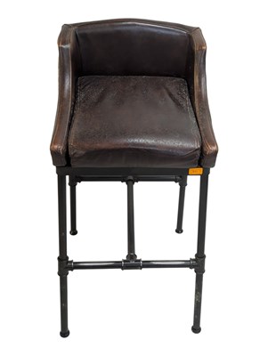 Lot 850 - SET OF INDUSTRIAL CAST METAL & TWO TONE LEATHER BAR STOOLS