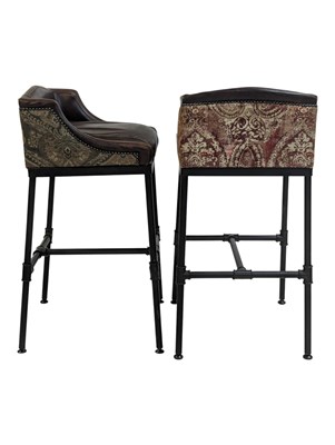 Lot 850 - SET OF INDUSTRIAL CAST METAL & TWO TONE LEATHER BAR STOOLS