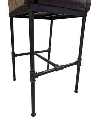 Lot 850 - SET OF INDUSTRIAL CAST METAL & TWO TONE LEATHER BAR STOOLS