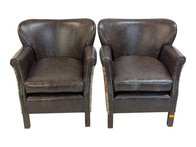 Lot 851 - PAIR OF CONTEMPORARY STUDDED LEATHER & TAPESTRY UPHOLSTERED CLUB ARMCHAIRS