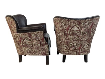 Lot 851 - PAIR OF CONTEMPORARY STUDDED LEATHER & TAPESTRY UPHOLSTERED CLUB ARMCHAIRS