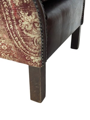 Lot 851 - PAIR OF CONTEMPORARY STUDDED LEATHER & TAPESTRY UPHOLSTERED CLUB ARMCHAIRS