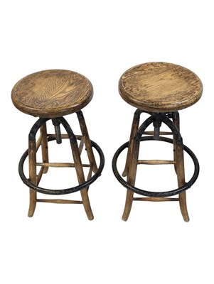 Lot 853 - SET OF INDUSTRIAL CAST METAL & ELM WOOD SWIVEL BAR STOOLS