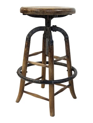 Lot 853 - SET OF INDUSTRIAL CAST METAL & ELM WOOD SWIVEL BAR STOOLS