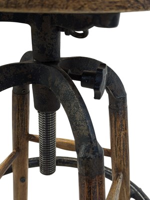 Lot 853 - SET OF INDUSTRIAL CAST METAL & ELM WOOD SWIVEL BAR STOOLS