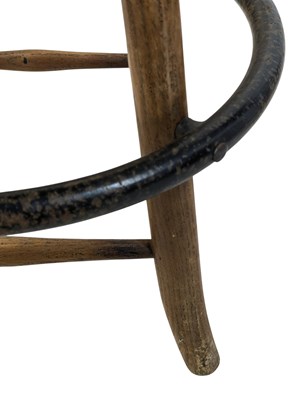 Lot 853 - SET OF INDUSTRIAL CAST METAL & ELM WOOD SWIVEL BAR STOOLS