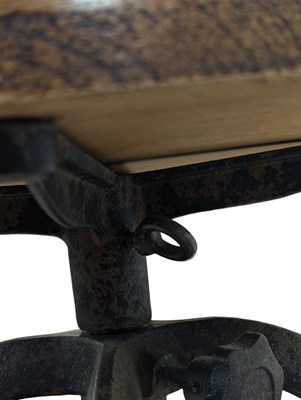 Lot 853 - SET OF INDUSTRIAL CAST METAL & ELM WOOD SWIVEL BAR STOOLS