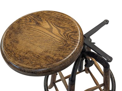 Lot 853 - SET OF INDUSTRIAL CAST METAL & ELM WOOD SWIVEL BAR STOOLS