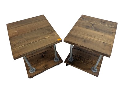 Lot 868 - MODERN DESIGN - PAIR OF PLANKED WOOD & METAL INDUSTRIAL STYLE BEDSIDE TABLES ON CASTORS