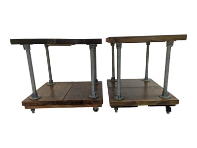 Lot 868 - MODERN DESIGN - PAIR OF PLANKED WOOD & METAL INDUSTRIAL STYLE BEDSIDE TABLES ON CASTORS