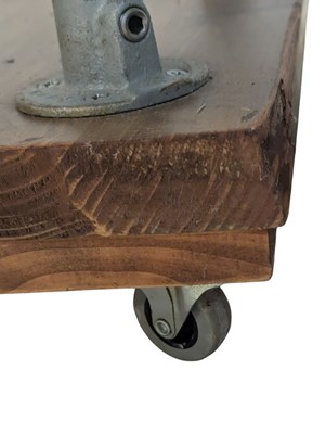 Lot 868 - MODERN DESIGN - PAIR OF PLANKED WOOD & METAL INDUSTRIAL STYLE BEDSIDE TABLES ON CASTORS