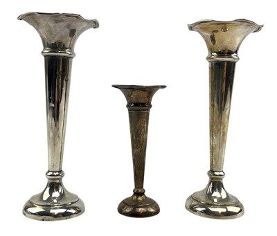 Lot 119 - PAIR OF GEORGE V HALLMARKED SILVER STEM VASES & ANOTHER
