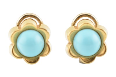 Lot 430 - LE-GI 18CT GOLD & TURQUOISE CABOCHON FLOWER EARRINGS