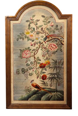 Lot 514 - LARGE INTERIOR WALL HANGING ART PANEL OF FLORAL SPRAYS & EXOTIC BIRDS