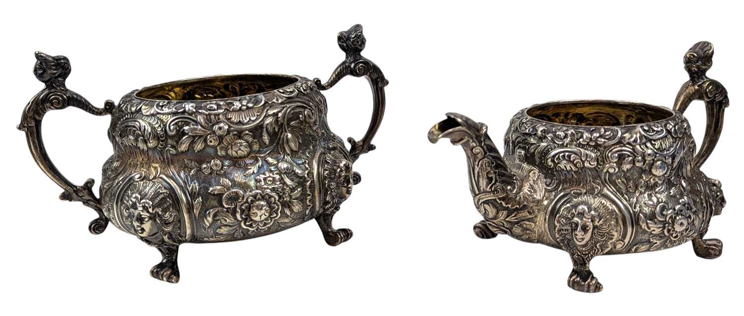Lot 2 - GEORGE III HALLMARKED SILVER REPOUSSE SUGAR BOWL & CREAMER JUG