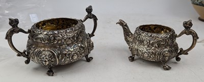 Lot 2 - GEORGE III HALLMARKED SILVER REPOUSSE SUGAR BOWL & CREAMER JUG