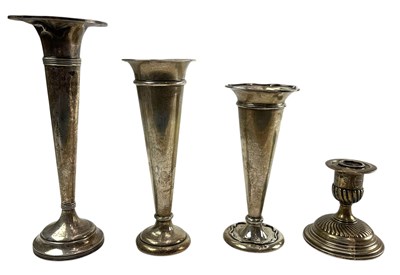 Lot 125 - VICTORIAN HALLMARKED SILVER CANDLE HOLDER & THREE SILVER VASES