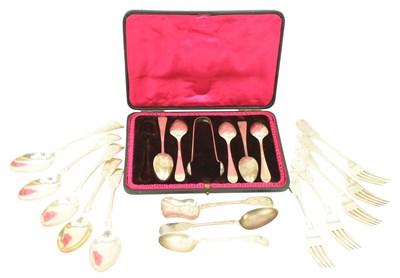 Lot 112 - CASED SET OF SIX MASONIC TEASPOONS & SUGAR TONG SET & OTHER FLATWARE