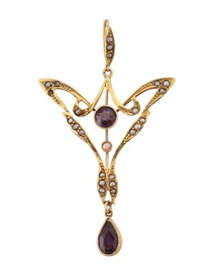 Lot 285 - 9CT GOLD AMETHYST & SEED PEARL ART NOUVEAU PENDANT