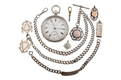 Lot 259 - SILVER WALTHAM POCKET WATCH, CHAIN & JEWELLERY