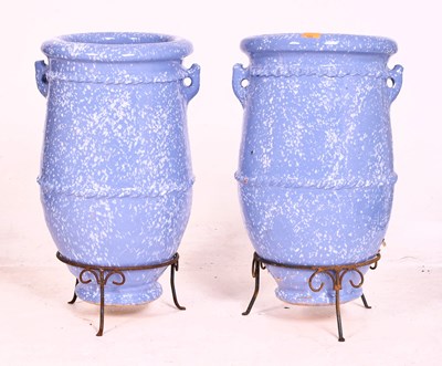 Lot 304 - PAIR OF LARGE VINTAGE GLAZED TERRACOTTA GARDEN AMPHORA VASES