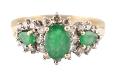 Lot 502 - HALLMARKED 9CT GOLD EMERALD & DIAMOND THREE STONE RING