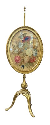 Lot 759 - 19TH CENTURY GILTWOOD ADJUSTABLE NEEDLEPOINT POLE FIRE SCREEN