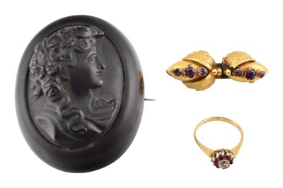 Lot 346 - GOLD RUBY & DIAMOND RING & TWO 19TH CENTURY BROOCH PINS